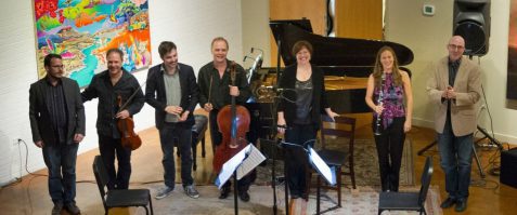 George Heathco (composer), Ertan Torgul (violin), Marcus Rubio (composer), David Mollenauer (cello), Carolyn True (piano), Stephanie Key (clarinet & Rob Smith after SOLI Chamber Ensemble's premiere of "EP"